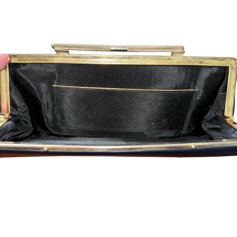 Vintage 50’s-60’s Navy Blue Trapezoid Dorris Day Clutch With Gold Hardware